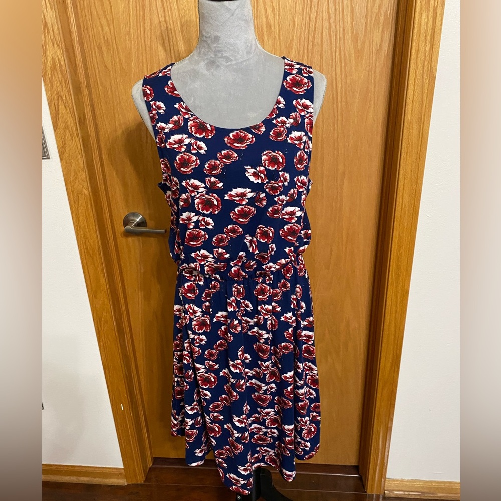 French Grey Women’s Navy Blue Floral Brushed Knit Sleeveless Midi Dress Size L